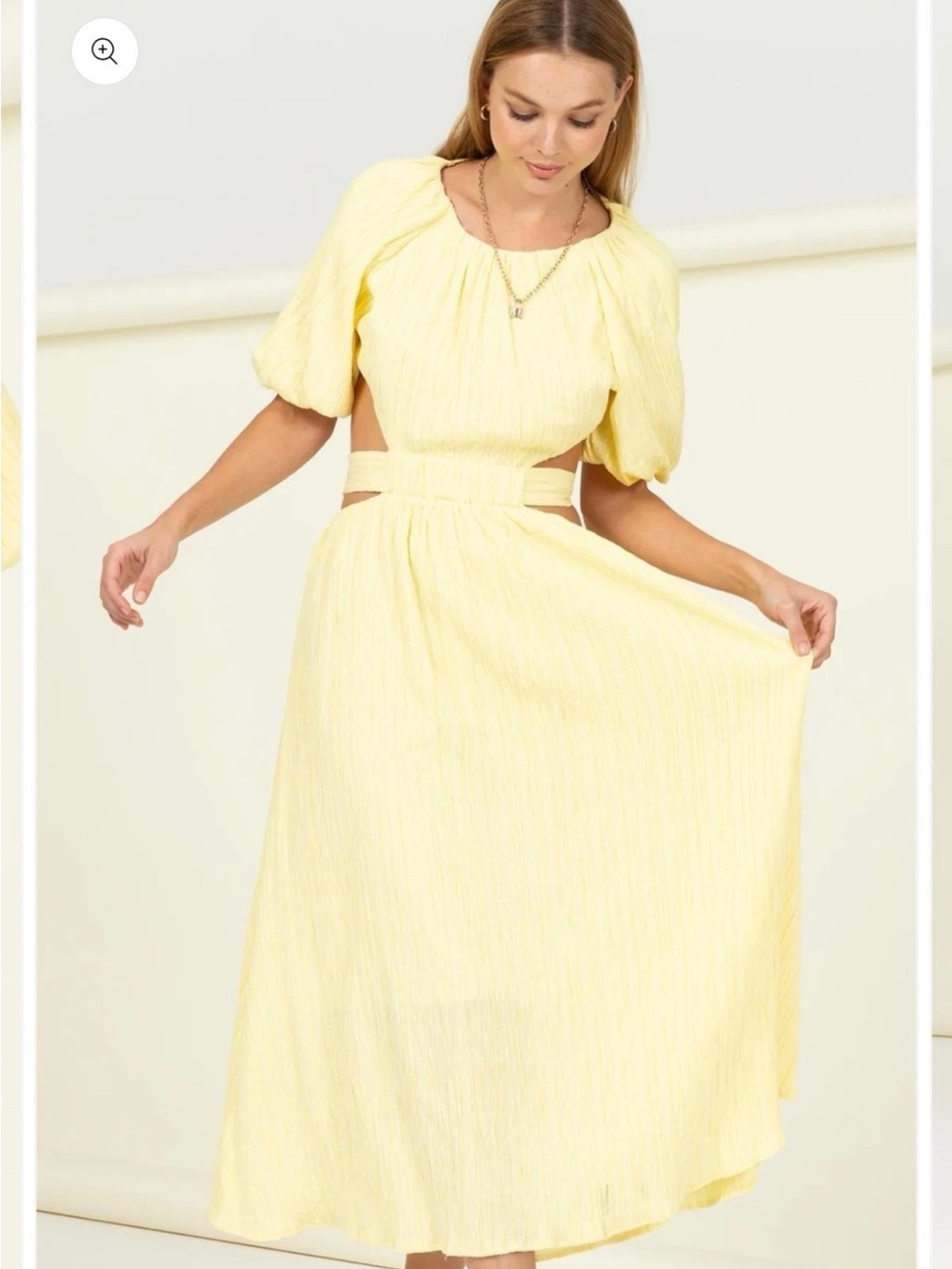 HYFVE Pale Yellow Cutout Puff Sleeve Midi Dress